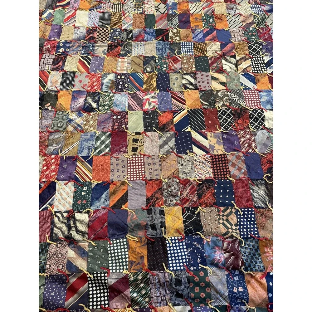 Handmade vintage quilt made from neck ties patchwork full/queen size reversible